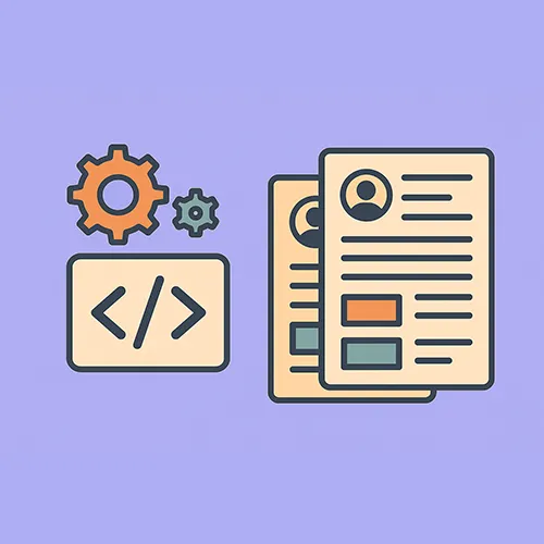 “Coding Symbols & Resume Templates (2025 Style) — abstract flat icons of programming symbols, gears, and digital resumes”